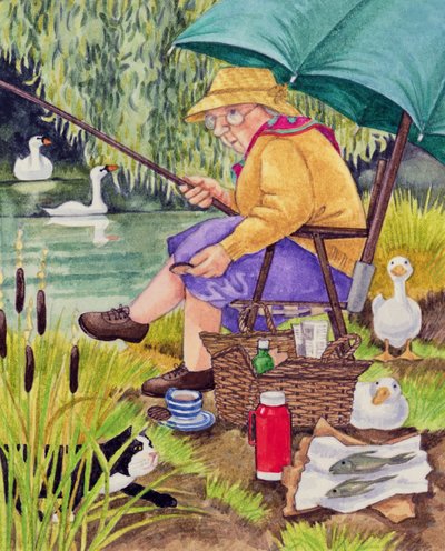 Grandma and cat fishing by Linda Benton